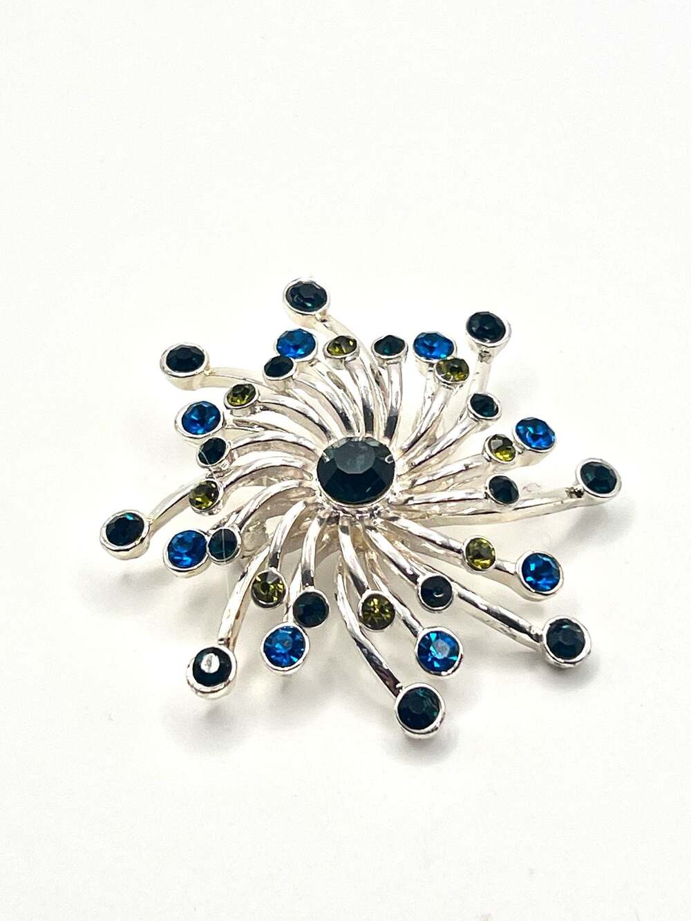 Dana Buchman Silver Tone Blue and Green Rhinestone Swirl Starburst Brooch Pin